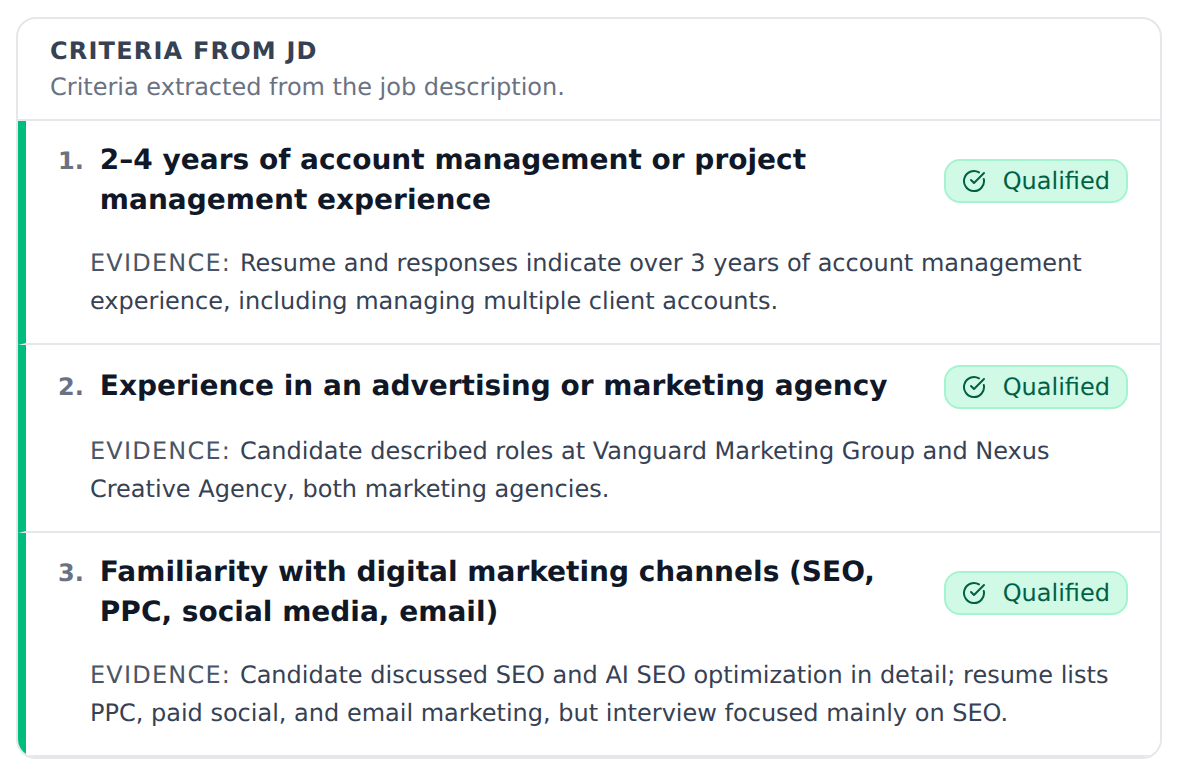 Criteria from a field-services job description, each requirement marked with a green Qualified pill and evidence drawn from the resume and the first-round interview.