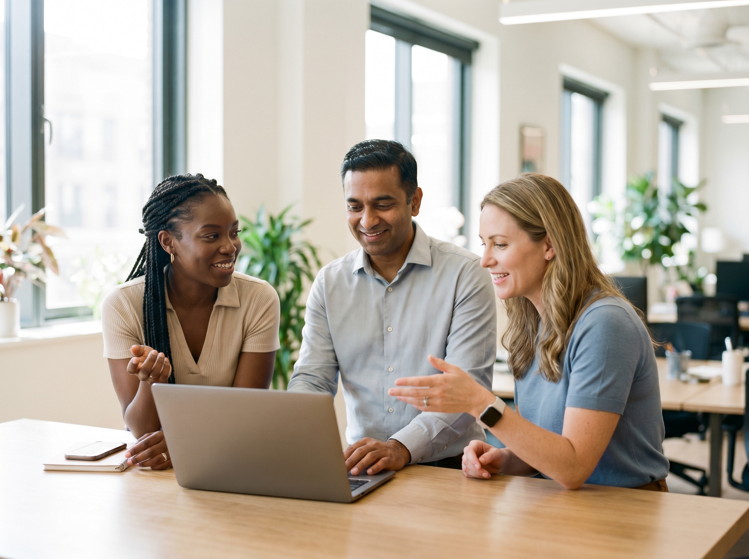A diverse hiring team reviewing strong candidates together around a laptop.