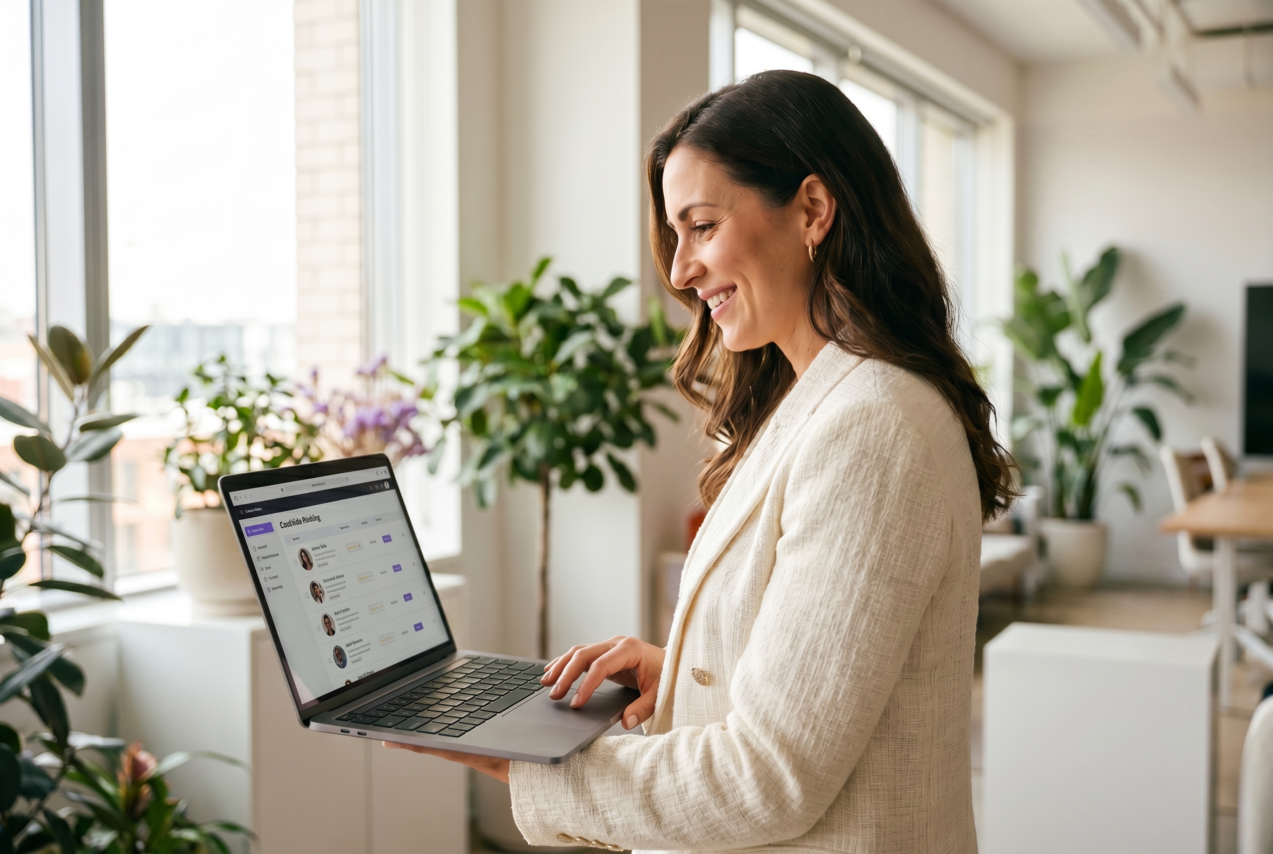 A recruiter working at a laptop, reviewing candidates without the manual phone-screen grind.