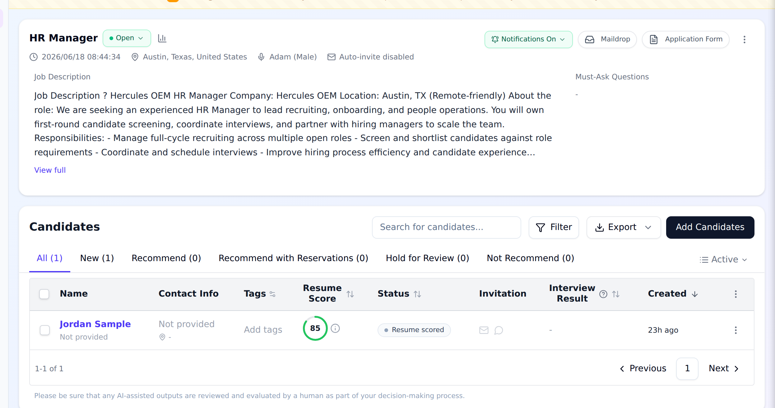 VeraHire candidate pipeline: every applicant scored, ranked, and tracked by status for a high-volume role — no ATS required.